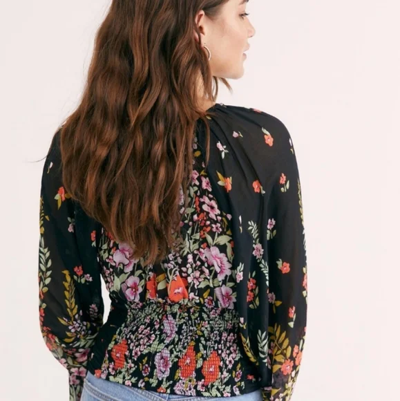 Free People Womens Small Top Final Rose Black Floral Blouse Sheer Balloon Sleeve - Picture 5 of 10